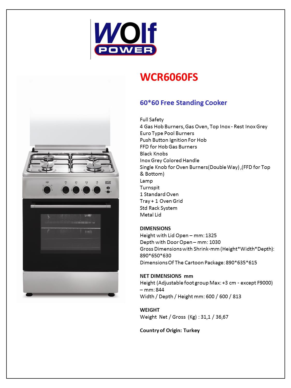 Wolf Power 60 X 60cm Gas Cooker (WCR6060FS), 59 OFF