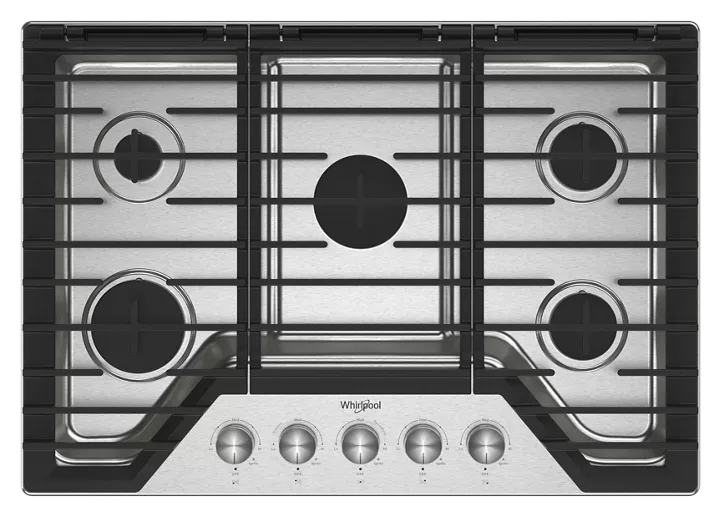 Whirlpool 30-inch Gas Cooktop with 5 Burners and EZ-2-Lift™ Hinged Cast-Iron Grates WCGK7030PS