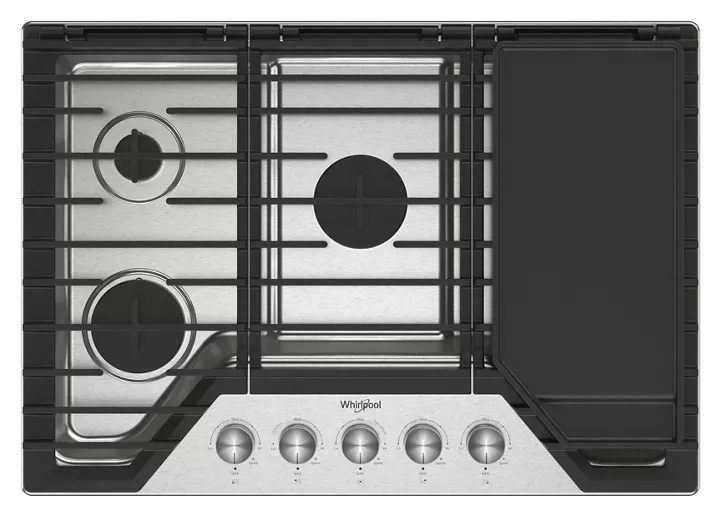 Whirlpool 30-inch Gas Cooktop with 5 Burners and EZ-2-Lift™ Hinged Cast-Iron Grates and Griddle WCGK7530PS